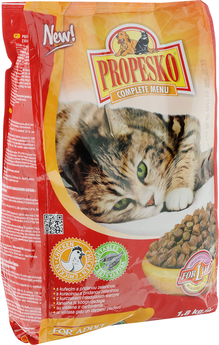 Корм сухой для кошек Propesko, с курицей и овощами, 1,8 кг101246 Корм сухой для кошек Propesko, с курицей и овощами, 1,8 кг101246Сухой корм для кошек Propesko с мясом курицы и овощами - полнорационное питание для кошек всех пород. Содержание белка обеспечивает достаточный запас энергии в течение дня, витамин А – хорошее зрение и витамин D3 помогает держать кости и зубы крепкими.Корм Propesko содержит три типа сухих гранул, которые сделаны из куриного мяса, обогащены овощами, а также другими полезными добавками для того, чтобы обеспечить кошке хорошее здоровье, пушистый мех, крепкие зубы и кости, острое зрение, максимальную усвояемость. Оптимальный состав, высококачественное сырье и хорошо усваиваемые компоненты обеспечивают кошку животным и растительным белком, животным жиром и растительными маслами. Корм обогащается минералами, микроэлементами и витаминами А, D3, E. Это гарантирует вашей кошке хорошее здоровье и отличную физическую форму.Товар сертифицирован.
