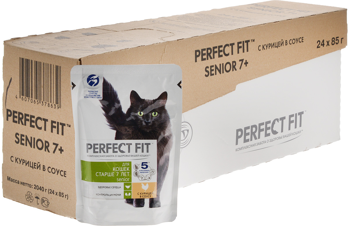 Консервы Perfect Fit Senior для кошек старше 7 лет, курица в соусе, 85 г х 24 шт0120710 Консервы Perfect Fit Senior для кошек старше 7 лет, курица в соусе, 85 г х 24 шт0120710Консервы Perfect Fit Senior - полнорационный консервированный корм для кошек старше 7 лет. Продукт содержит таурин, незаменимую для кошек аминокислоту, помогающую поддерживать сердце здоровым. Корм также контролирует pH мочи для поддержания в пределах рекомендуемой нормы. Корм имеет специальную формулу 5 слагаемых здоровья: - Поддержание иммунитета. Входящие в состав витамин Е и цинк способствуют поддержанию иммунитета кошки. - Жизненная сила. Корм обогащен витаминами группы В и железом для поддержания жизненной силы. - Крепкие мышцы. Комбинация белков, минералов и витаминов для поддержания крепких мышц. - Природная зоркость. Корм содержит витамин А и таурин, которые поддерживают остроту зрения кошки. - Витамины и минералы для поддержания долгой и здоровой жизни. Содержит витамины и минералы, необходимые для удовлетворения потребностей взрослых кошек. Товар сертифицирован.