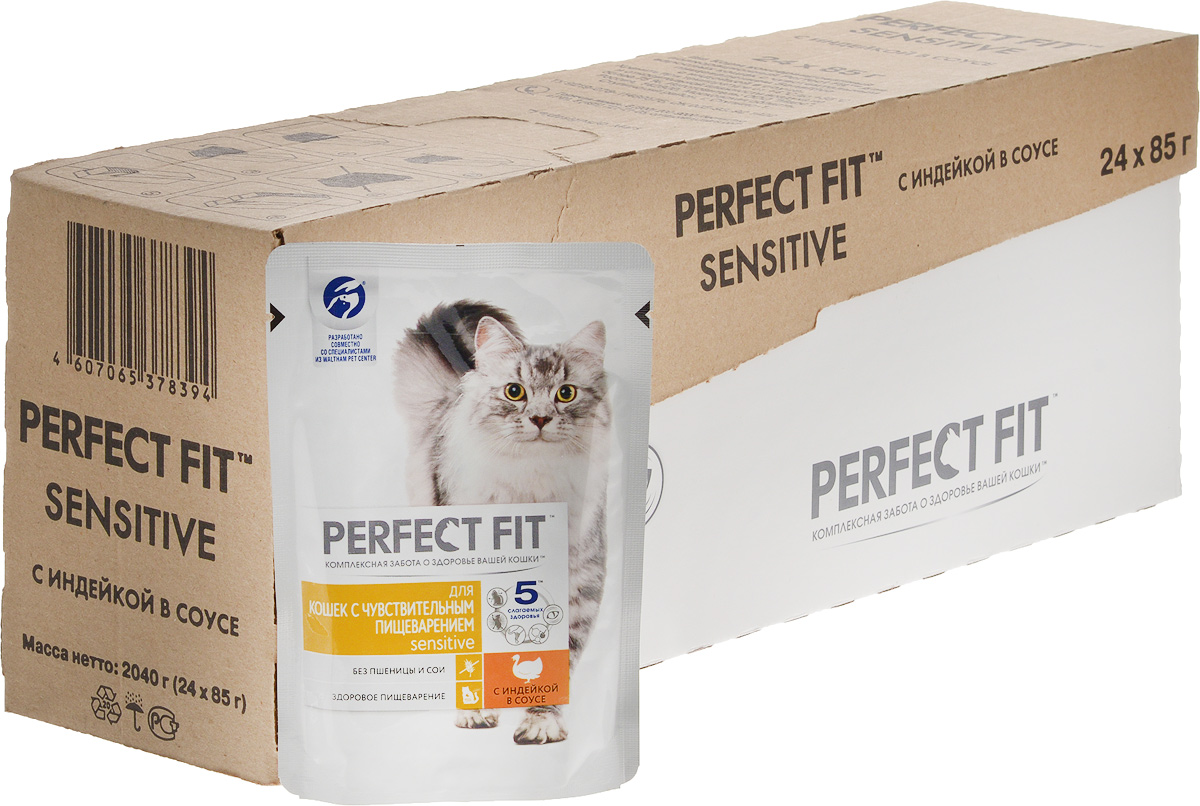 Консервы Perfect Fit Sensitive для кошек с чувствительным пищеварением, индейка в соусе, 85 г х 24 шт0120710 Консервы Perfect Fit Sensitive для кошек с чувствительным пищеварением, индейка в соусе, 85 г х 24 шт0120710Консервы Perfect Fit Sensitive - полнорационный консервированный корм для взрослых кошек с чувствительным пищеварением. Продукт не содержит пшеницу и сою, которые могут быть причиной расстройств пищеварения у кошек, а содержит пребиотики, способствующие поддержанию здоровой микрофлоры кишечника. Корм имеет специальную формулу 5 слагаемых здоровья: - Поддержание иммунитета. Входящие в состав витамин Е и цинк способствуют поддержанию иммунитета кошки. - Жизненная сила. Корм обогащен витаминами группы В и железом для поддержания жизненной силы. - Крепкие мышцы. Комбинация белков, минералов и витаминов для поддержания крепких мышц. - Природная зоркость. Корм содержит витамин А и таурин, которые поддерживают остроту зрения кошки. - Витамины и минералы для поддержания долгой и здоровой жизни. Содержит витамины и минералы, необходимые для удовлетворения потребностей взрослых кошек. Товар сертифицирован.