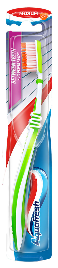 Aquafresh зубная щетка BETWEEN TEEIHMP59.4D Aquafresh зубная щетка BETWEEN TEEIHMP59.4DЗубная щетка Aquafresh Between Teeth medium.Щетина средней жесткости. Зубная щетка с Эффектом зубной нити - удлиненные микро щетинки щетки проникают между зубами глубже обыкновенных щеток и на 75% лучше вычищают между зубами.Подвижное соединение FLEX контролирует давление щетки на зубы и предотвращает возможные повреждения эмали и десен.