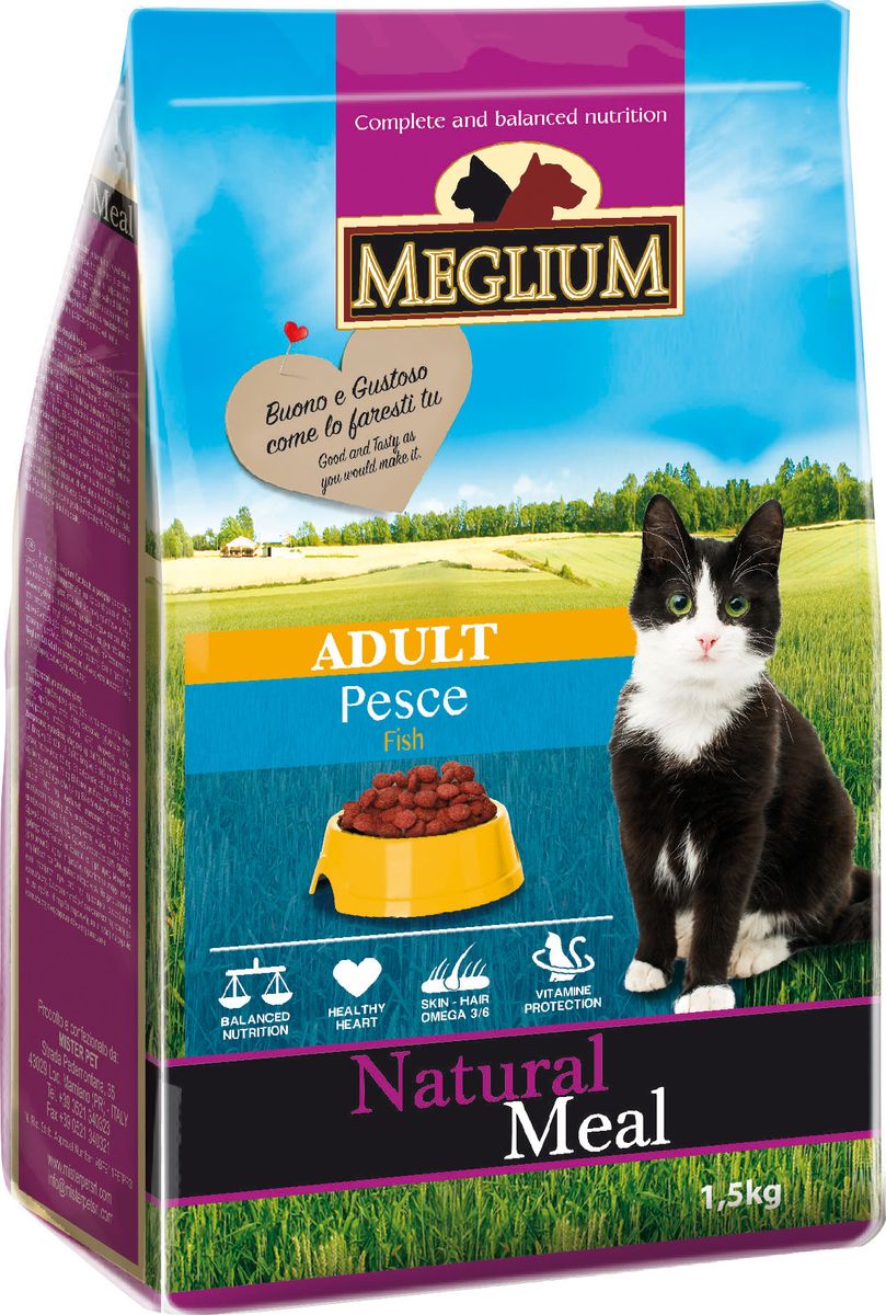 Корм сухой Meglium Adult для кошек с чувствительным пищеварением, рыба, 1,5 кг0120710 Корм сухой Meglium Adult для кошек с чувствительным пищеварением, рыба, 1,5 кг0120710Состав: кукуруза, дегидрированное мясо (24%), рыбная мука (14%), пшеница, куриный жир, сушеная мякоть свеклы (2%), минеральные вещества. Пищевые добавки на кг: 3a672a Витамин A 18000 UI, Витамин D3 1200 UI, 3a700 Витамин E 145 мг, E4 пентагидрат сульфата меди 55 мг, E1 карбонат железа 58 мг, E5 оксид марганца 73 мг, E6 моногидрат сульфата цинка 173 мг, E2 йодистый калий 1,4 мг, E8 селенит натрия 0,31 мг, таурин 1000 мг. Аналитические компоненты: влага 8%, сырой белок 28%, сырые масла и жиры 11%, сырая зола 8,1%, сырая клетчатка 2,5%, жирные кислоты Омега-3 0,21%, жирные кислоты Омега-6 2,6%. Энергетическая ценность: 3500 кКал/кг.