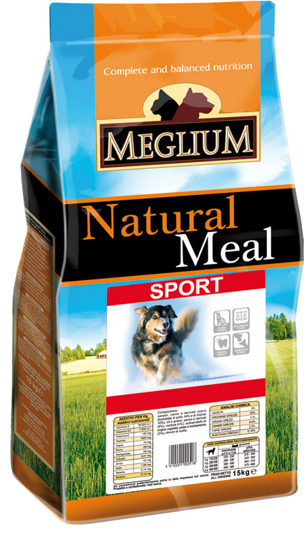 Корм сухой Meglium Sport для активных собак, 3 кг0120710 Корм сухой Meglium Sport для активных собак, 3 кг0120710Состав: кукуруза, дегидрированное мясо (32%), пшеница, куриный жир, сушеная мякоть цикория (2%), минеральные вещества. Пищевые добавки на кг: 3a672a Витамин A 7000 UI, Витамин D3 500 UI, 3a700 Витамин E 60 мг, E4 пентагидрат сульфата меди 23 мг, E1 карбонат железа 25 мг, E5 оксид марганца 31 мг, E6 моногидрат сульфата цинка 74 мг, E2 йодистый калий 0,6 мг, E8 селенит натрия 0,13 мг. Аналитические компоненты: влага 8%, сырой белок 28%, сырые масла и жиры 14%, сырая зола 8,8%, сырая клетчатка 2,6%.Энергетическая ценность: 3800 кКал/кг.