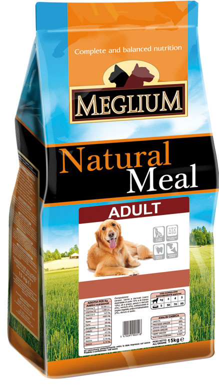 Корм сухой Meglium Maintenance Adult для взрослых собак, 15 кг64015 Корм сухой Meglium Maintenance Adult для взрослых собак, 15 кг64015Состав: кукуруза, дегидрированное мясо (25%), пшеница, куриный жир, сушеная мякоть цикория (2%), минеральные вещества. Пищевые добавки на кг: 3a672a Витамин A 9000 UI, Витамин D3 600 UI, 3a700 Витамин E 75 мг, E4 пентагидрат сульфата меди 32 мг, E1 карбонат железа 33 мг, E5 оксид марганца 42 мг, E6 моногидрат сульфата цинка 99 мг, E2 йодистый калий 0,8 мг, E8 селенит натрия 0,18 мг. Аналитические компоненты: Влага 8%, сырой белок 23%, сырые масла и жиры 9%, сырая зола 9,3%, сырая клетчатка 3%, соотношение кальций/фосфор 1,3:1.Энергетическая ценность: 3300 кКал/кг.