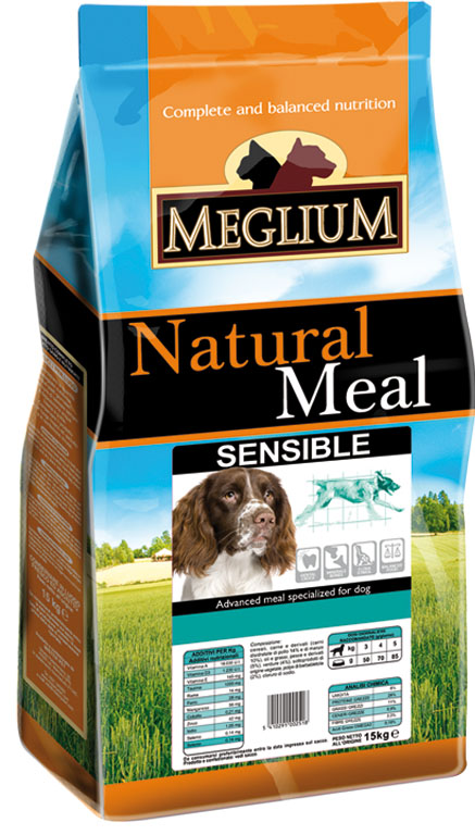 Корм сухой Meglium Sensible для взрослых собак с чувствительным пищеварением, 15 кг0120710 Корм сухой Meglium Sensible для взрослых собак с чувствительным пищеварением, 15 кг0120710Состав: дегидрированное мясо (30%, из которого баранина 8%), кукуруза, рис (15%), пшеница, кукурузная мука, куриный жир, сушеная мякоть свеклы (2%), дрожжи, минеральные вещества. Пищевые добавки на кг: 3a672a Витамин A 13500 UI, Витамин D3 950 UI, 3a700 Витамин E 115 мг, E4 пентагидрат сульфата меди 47 мг, E1 карбонат железа 50 мг, E5 оксид марганца 62 мг, E6 моногидрат сульфата цинка 148 мг, E2 йодистый калий 1,2 мг, E8 селенит натрия 0,264 мг. Аналитические компоненты: влага 8%, сырой белок 23%, сырые масла и жиры 14%, сырая зола 7,4%, сырая клетчатка 2,6%.Энергетическая ценность: 3600 кКал/кг.