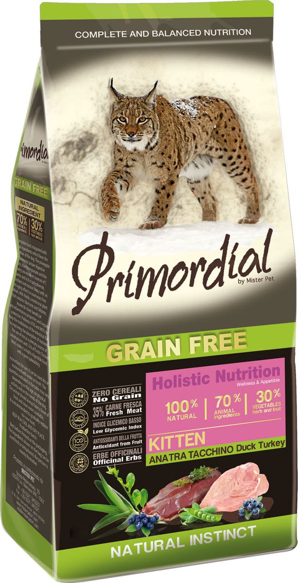 Корм сухой Primordial для котят, беззерновой, утка индейка, 400 г0120710 Корм сухой Primordial для котят, беззерновой, утка индейка, 400 г0120710Состав: свежее мясо индейки (35%), дегидрированное куриное мясо (15%), горошек, картофель, дегидрированное утиное мясо (10%), куриный и индюшачий жир (9%), рыбная мука (3%), бобы обыкновенные, льняное семя (2%), сушеная мякоть свеклы, гидролизат печени, дрожжи, мука из морских водорослей (0,3%), дрожжевые продукты (MOS 0,2%), юкка Шидигера (0,033%), концентрат леспедецы головчатой (Lespediza capitata Mich. 0,028%), концентрат черники обыкновенной (Vaccinium myrtillus L.) (0,016%), экстракт розмарина.Пищевые добавки на кг: 3a672a Витамин A 21500 UI, Витамин D3 1450 UI, 3a700 Витамин E 200 мг, E4 пентагидрат сульфата меди 67 мг, E1 карбонат железа 70 мг, E5 оксид марганца 88 мг, E6 моногидрат сульфата цинка 211 мг, E2 йодистый калий 5,04 мг, E8 селенит натрия 0,39 мг, таурин 2000 мг.Аналитические компоненты: влага 8%, сырой белок 32%, сырые масла и жиры 20%, сырая зола 7,9%, сырая клетчатка 2,5%.