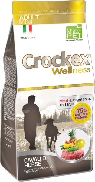 Корм сухой Crockex Wellness для собак мелких пород, с кониной и рисом, 2 кг0120710 Корм сухой Crockex Wellness для собак мелких пород, с кониной и рисом, 2 кг0120710Этот полноценный рацион, дополненный функциональными ингредиентами, поддержит здоровье собаки. Сердцевина ананаса и яблоко способствуют правильному функционированию пищеварительной системы, а клубника является натуральным антиоксидантом с антивозрастным эффектом и служит для борьбы со свободными радикалами. Одуванчик известен своими очищающими свойствами и оказывает благотворное воздействие на печень. Пребиотики FOS и MOS помогают модулировать кишечную флору, улучшая таким образом усвоение питательных веществ. Использование риса в качестве первого источника углеводов и свежей конины (15%) обеспечивает высокую перевариваемость и отличную аппетитность рациона.Состав: рис (18%), свежая конина (15%), обезвоженное мясо цыпленка (14%), кукурузная мука, кукуруза, обезвоженная свинина, картофель (8%), очищенный от оболочки зеленый горошек, льняное семя (2%), высушенная мякоть свеклы, пивные дрожжи, обезвоженные морские водоросли (0,24%), хлорид натрия, экстракт дрожжей (MOS 0,16%), фруктоолигосахариды (FOS 0,1%), экстракт юкки (0,0265%), порошок из корней одуванчика (Taraxacum officinale W.) (0,02%), обезвоженное яблоко (Malus pumila) (0,02%), обезвоженная сердцевина ананаса (Ananas sativus L.) (0,02%), обезвоженная клубника (Fragaria x ananassa) (0,0006%).Добавки на 1 кг продукта - Пищевые добавки: Витамин A 17500 МЕ, Витамин D3 1200 МЕ, Витамин E 145 мг, E4 Сульфат меди пентагидрат47 мг, E1 Карбонат железа 76 мг, E5 Оксидмарганца 92 мг, E6 Сульфат цинка моногидрат 192мг, E2 Йодистый калий 4,6 мг, E8 Селенит натрия15,2 мг.Аналитический состав: влага 8%, сырой протеин26%, сырые масла и жиры 16%, сырая зола 6,0%,сырые волокна 2,1%, кальций 1,2%, фосфор 0,9%.Товар сертифицирован.