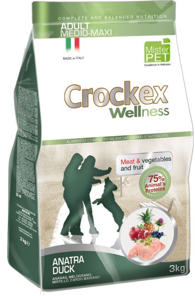 Корм сухой Crockex Wellness для собак средних и крупных пород, утка с рисом, 3 кг0120710 Корм сухой Crockex Wellness для собак средних и крупных пород, утка с рисом, 3 кг0120710Этот полноценный рацион, дополненный функциональными ингредиентами, поддержит здоровье собаки. Сердцевина ананаса способствует правильному функционированию пищеварительной системы, Гранат и Малина являются превосходными источниками витамина С и богаты полифенолами, антиоксидантами и натуральными укрепляющими веществами с антивозрастным эффектом, которые служат для борьбы со свободными радикалами. Расторопша- лекарственное растение, содержащее силимарин и силибинин, вещества, известные своими противовоспалительными свойствами и эффективно защищающие печень. Пребиотики FOS и MOS помогают модулировать кишечную флору, улучшая таким образом усвоение питательных веществ. Использование риса в качестве первого источника углеводов и свежего мяса утки (15%) обеспечивает высокую перевариваемость и отличную аппетитность рациона.Состав: обезвоженное мясо цыпленка (18%), рис (18%), кукуруза, свежее мясо утки (15%), обезвоженное мясо утки (12 %), кукурузная мука, цыплячий жир, льняное семя (2%), высушенная мякоть свеклы, пивные дрожжи, обезвоженные морские водоросли (0,24%), хлорид натрия, экстракт дрожжей (MOS 0,16%), фруктоолигосахариды (FOS 0,1%), экстракт юкки (0,0265%), расторопша (Silybum marianum L.) (0,02%), обезвоженная сердцевина ананаса (Ananas sativus L.) (0,02%), обезвоженный гранат (Punica granatum) (0,02%), обезвоженная малина (Rubus idaeus L.) (0,0006%).Добавки на 1 кг продукта - Пищевые добавки: Витамин A 17500 МЕ, Витамин D3 1200 МЕ, Витамин E 145 мг, E4 Сульфат меди пентагидрат47 мг, E1 Карбонат железа 76 мг, E5 Оксид марганца 92 мг, E6 Сульфат цинка моногидрат 192 мг, E2 Йодистый калий 4,6 мг, E8 Селенит натрия15,2 мг.Аналитический состав: Влага 8%, сырой протеин25%, сырые масла и жиры 15%, сырая зола 6,2%,сырые волокна 2,1%, кальций 1,2%, фосфор 0,9%