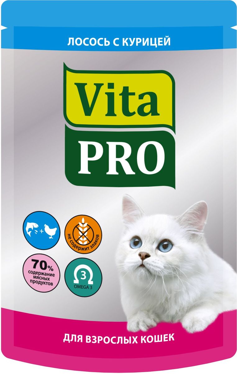 Консервы Vita Pro Мясное меню для кошек от 1 года, курица и лосось, 100 г0120710 Консервы Vita Pro Мясное меню для кошек от 1 года, курица и лосось, 100 г0120710Мелкорубленные кусочки натурального мяса без овощей и злаков. Входящие в состав Омега-3 жирные кислоты обеспечивают здоровье кожи и шерсти. Без добавления искусственных красителей и усилителей вкуса.