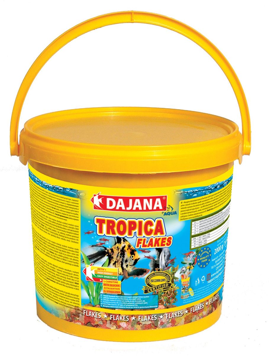 Корм для рыб Dajana Tropica Flakes, 10 л0120710 Корм для рыб Dajana Tropica Flakes, 10 л0120710Высококачественный корм, состоящий из хлопьев на каждый день, для всех видов декоративных рыбок. Состоит из более 50-ти видов тщательно отобранных, натуральных исходных продуктов. Хлопья содержат мультивитаминный комплекс, стабилизированный витамин С, ценные минералы и микроэлементы. Питание этим кормом гарантирует здоровое развитие рыб, повышенную устойчивость к заболеваниям, активность, жизнерадостность и крепкий иммунитет.Благодаря натуральным продуктам, корм замечательно переваривается и усваивается в организме рыбок, не загрязняя воду в аквариуме.