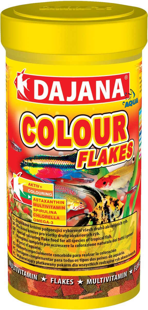 Корм для рыб Dajana Colour Flakes, 500 мл0120710 Корм для рыб Dajana Colour Flakes, 500 мл0120710Полноценный корм Dajana Gold Colour Flakes в виде хлопьев для декоративных золотых аквариумных рыбок. Содержит специальные добавки: водоросли Spirulina, Chlorella,антиоксидант Astaxanthin, усиливающие природный окрас ваших рыбок, повышают сопротивляемость к болезням. Благодаря специальной технологии изготовления, корм для рыбок Dajana Gold Colour Flakes не мутит воду в аквариуме.Состав: Рыба и рыбные субпродукты, зерновые, растительные протеиновые концентраты, сухие дрожжи, водоросли спирулина и хлорелла, моллюски, овощи, масла и жиры, лецитин, антиоксиданты.