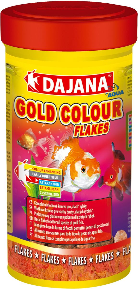 Корм для рыб Dajana Gold Colour Flakes, 100 мл0120710 Корм для рыб Dajana Gold Colour Flakes, 100 мл0120710Полноценный корм Dajana Gold Colour Flakes в виде хлопьев для декоративных золотых аквариумных рыбок. Содержит специальные добавки: водоросли Spirulina, Chlorella,антиоксидант Astaxanthin, усиливающие природный окрас ваших рыбок, повышают сопротивляемость к болезням. Благодаря специальной технологии изготовления, корм для рыбок Dajana Gold Colour Flakes не мутит воду в аквариуме.Состав: Рыба и рыбные субпродукты, зерновые, растительные протеиновые концентраты, сухие дрожжи, водоросли спирулина и хлорелла, моллюски, овощи, масла и жиры, лецитин, антиоксиданты.