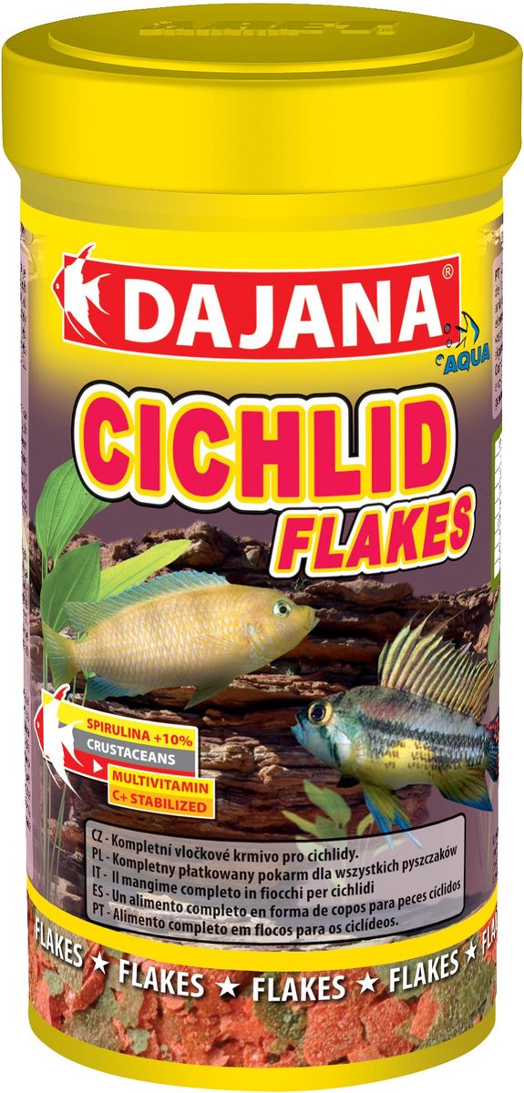 Корм для рыб Dajana Cichlid Flakes, 100 мл0120710 Корм для рыб Dajana Cichlid Flakes, 100 мл0120710Высококачественный корм Dajana Cichlid Flakes в виде хлопьев для всех рыб семейства цихлид.Содержит композицию натуральных компонентов, включая водоросли SPIRULINA и CHLORELLA, укрепляющие иммунитет, а также овощные ингредиенты. Оказывает положительное влияние на биологический баланс всего организма рыбы. В составе корма витамины А, Е, С и D3, а также минералы и стабилизированный витамин С, обеспечивающие здоровый рост и развитие рыб, яркий окрас и укрепление иммунитета.Состав: Рыба и рыбные субпродукты, растительные протеиновые концентраты, сухие дрожжи, планктон, водоросли, растительные масла и жиры, лецитин, антиоксиданты.