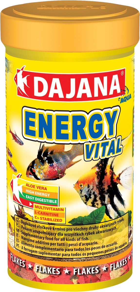 Корм для рыб Dajana Energy Vital Flakes, 100 мл0120710 Корм для рыб Dajana Energy Vital Flakes, 100 мл0120710Дополнительный корм для всех видов аквариумных рыб с экстрактом алое-веры и L-карнитина оказывает положительное воздействие на пищеварительную систему.