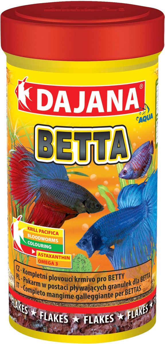 Корм для рыб Dajana Betta, 100 мл0120710 Корм для рыб Dajana Betta, 100 мл0120710Высококачественный, комплексный корм для рыбок Dajana Betta.Корм для рыбок в виде плавающих гранул, предназначен для петушков и других видов лабиринтовых рыб (гурами, макроподов и т.д.).Состоит из лиофилизированного (обезвоженного) криля и мелких хлопьев, с добавлением высококачественных протеинов, витаминов и минералов, жирных кислот Омега-3. Благодаря специальной рецептуре изготовления, корм для рыбок Dajana Betta не мутит воду в аквариуме после кормления.Состав: рыбная мука, зерновые, криль, моллюски, сухие дрожжи, рыбий жир, морские водоросли, сушеный чеснок.