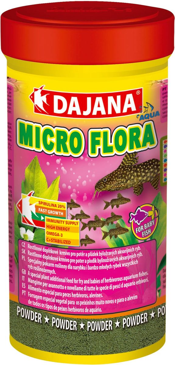 Корм для рыб Dajana Micro Flora, 100 мл0120710 Корм для рыб Dajana Micro Flora, 100 мл0120710Micro Flora - Специальный легкий порошкообразный корм для мальков. Содержит натуральные компоненты с добавлением спирулины максима для травоядных видов рыб. Dajana Micro Flora благотворно влияет на здоровье, быстрый рост и развитие маленьких рыбок. Корм богат протеинами, оказывает благотворное влияниена здоровье, быстрый рост и развитие маленьких рыбок.Состав: рыбная мука, зерновые, спирулина, растительные протеиновые концентраты, сухие дрожжи, планктон, водоросли, растительные масла и жиры, лецитин, антиоксиданты.