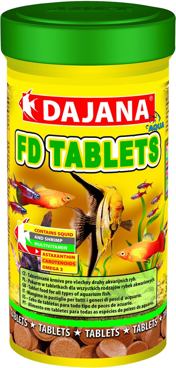 Корм для рыб Dajana Fd Tropical Tablets, 100 мл0120710 Корм для рыб Dajana Fd Tropical Tablets, 100 мл0120710Специализированный корм в виде клеящихся таблеток, содержит несколько видов лиофизированного планктона для всех видов тропических рыбок. Корм очень питательный и богат витаминами, что способствует здоровью и правильному развитию рыбок. Корм не мутит воду в аквариуме.Состав: концентраты растительных белков, моллюски, морские водоросли, рыба и рыбные субпродукты, зерновые, сухие дрожжи, спирулина, жиры, лецитин, антиоксиданты.