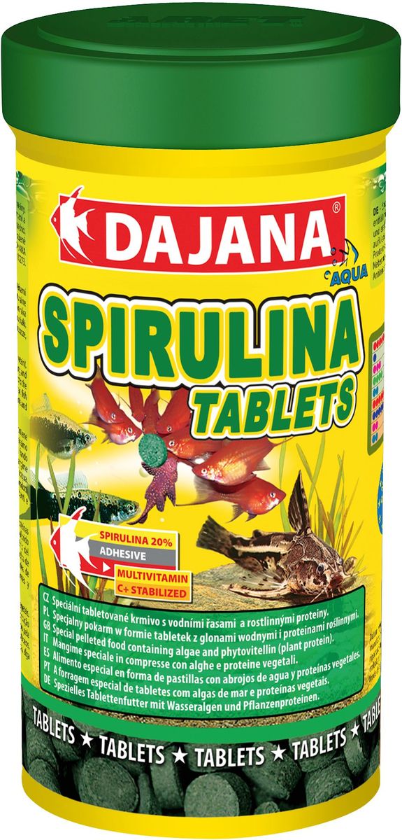 Корм для рыб Dajana Spirulina Tablets, 100 мл0120710 Корм для рыб Dajana Spirulina Tablets, 100 мл0120710Комплексный корм Dajana Spirulina Tablets с высоким содержанием спирулины, в виде таблеток для всех видов аквариумных рыбок. Содержит более 20% водорослей спирулина. Укрепляет иммунную систему ослабленных рыбок. Увеличивает сопротивляемость к болезням, способствует пищеварению, улучшает кровообращение. Обеспечивает быстрый рост молодых особей. Благодаря специальной технологии изготовления, корм Dajana Spirulina Tablets не мутит воду в аквариуме.Состав: Рыба и рыбные субпродукты, зерновые, растительные протеиновые концентраты, сухие дрожжи, моллюски, водоросли, масла и жиры, лецитин.