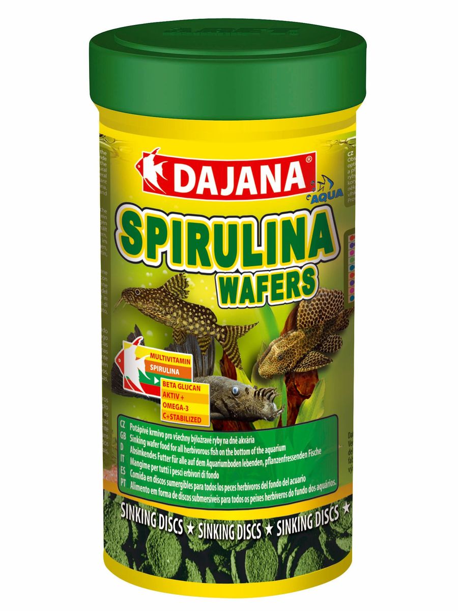 Корм для рыб Dajana Spirulina Wafers, 250 мл0120710 Корм для рыб Dajana Spirulina Wafers, 250 мл0120710Комплексный корм в виде тонущих пластинок для декоративных травоядных рыб, обитающих на дне аквариума. Идеален для всех видов сомиков. Содержит спирулину, шпинат, природный каротин и широкий диапазон высококачественных природных веществ в оптимальной сбалансированной формуле. Благодаря специальному рецепту приготовления, корм Dajana Spirulina Wafers не мутит воду аквариуме.Состав: Концентрат растительных протеинов, моллюски, водоросли, рыба и рыбные субпродукты, зерновые, сухие дрожжи, овощи, спирулина, жиры, лецитин.