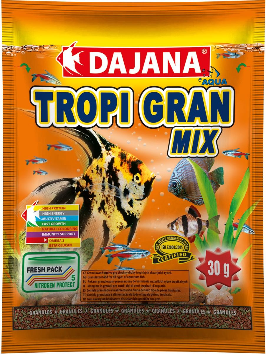 Корм для рыб Dajana Tropi Gran, 80 мл0120710 Корм для рыб Dajana Tropi Gran, 80 мл0120710Высококачественный корм для рыбок в виде гранул для всех видов тропических аквариумных рыбок. Идеально подходит для кормления дискусов. Содержит в составе витамины А, E, C, D3, а так же полезные микроэлементы.