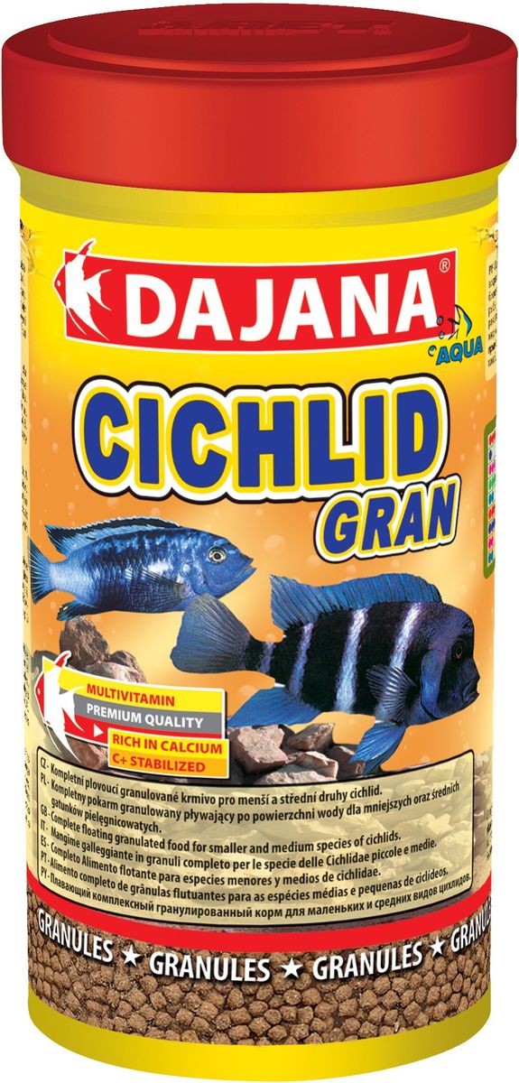 Корм для рыб Dajana Cichlid Gran, 1 л0120710 Корм для рыб Dajana Cichlid Gran, 1 л0120710Комплексный гранулированный корм для маленьких и средних рыб семейства цихлид. Легкоусвояемые высококачественные протеины наряду с тщательно отобранными веществами и витаминами способствуют хорошему росту и сохранению здоровья рыбы.Состав: рыбная мука, зерновые, растительные протеиновые концентраты, сухие дрожжи, планктон, водоросли, масла и жиры, лецитин, антиоксиданты.