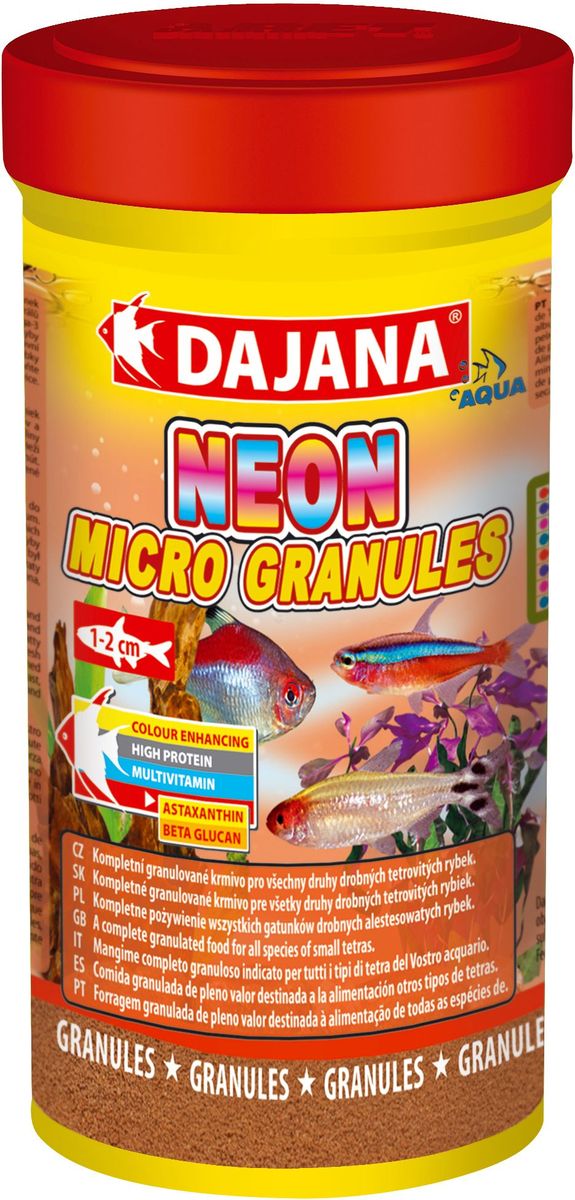 Корм для рыб Dajana Neon Micro Granules, 100 мл0120710 Корм для рыб Dajana Neon Micro Granules, 100 мл0120710Комплексный гранулированный корм премиум класса Dajana Neon Miсro Granules предназначен для ежедневного кормления неонов и другихрыб вида тетровых размером 1-2 см.Входящие в состав бета-глюкан и жирные кислоты омега-3 укрепляют иммунную систему ваших рыбок. Корм богат протеином, витаминами и минералами, способствует росту и здоровому развитию рыбок. Благодаря специальной рецептуре изготовления, корм для рыбок Dajana Neon Micro Gran не мутит воду в аквариуме после кормления.Состав: рыба и рыбные субпродукты, зерновые, растительный протеин, сухие дрожжи, морские водоросли, спирулина, жир, лецитин.
