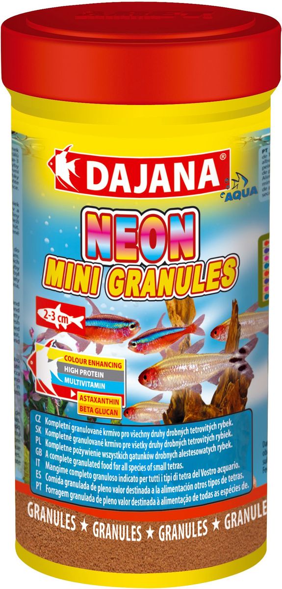Корм для рыб Dajana Neon Mini Granules, 250 мл0120710 Корм для рыб Dajana Neon Mini Granules, 250 мл0120710Комплексный гранулированный корм премиум класса Dajana Neon Mini Granules предназначен для ежедневного кормления неонов и другихрыб вида тетровых размером 2-3 см.Входящие в состав бета-глюкан и жирные кислоты омега-3 укрепляют иммунную систему ваших рыбок. Корм богат протеином, витаминами и минералами, способствует росту и здоровому развитию организма рыбок. Благодаря специальной рецептуре изготовления, корм для рыбок Dajana Neon Mini Gran не мутит воду в аквариуме после кормления.Состав: рыба и рыбные субпродукты, зерновые, растительный протеин, сухие дрожжи, морские водоросли, спирулина, жир, лецитин.