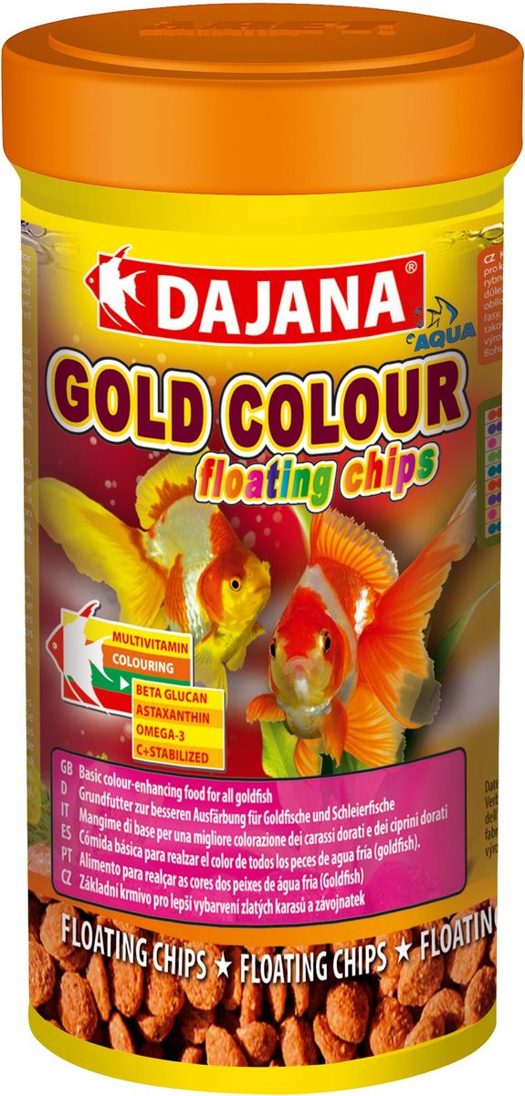 Корм для рыб Dajana Gold Colour Floating Chips, 250 мл0120710 Корм для рыб Dajana Gold Colour Floating Chips, 250 мл0120710Полноценный гранулированный корм в виде плавающих чипсов для золотых рыбок. Ежедневный корм, который усиливает окраску рыб.