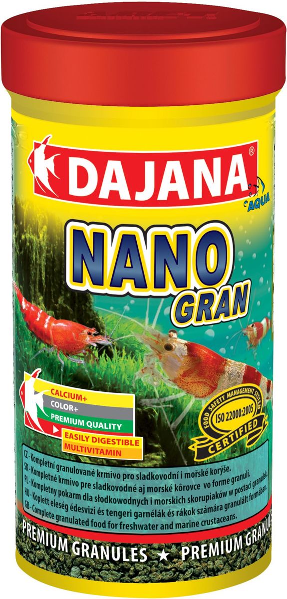Корм для крабов и креветок Dajana Nano Gran, 100 мл0120710 Корм для крабов и креветок Dajana Nano Gran, 100 мл0120710Сбалансированный гранулированный корм для пресноводных и морских ракообразных, креветок и крабов. Гранулы корма состоят из отборных компонентов, содержащих множество витаминов аминокислот и минералов. Корм имеет отличные вкусовые качества, охотно съедается, легко усваивается, остатки не загрязняют аквариумную воду.