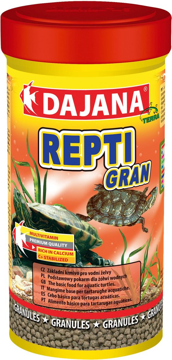 Корм для водных черепах Dajana Repti Gran, 100 мл0120710 Корм для водных черепах Dajana Repti Gran, 100 мл0120710Комплексный корм Dajana Repti Gran в виде плавающих гранул для всех видов водных черепах. Dajana Repti Gran имеет отличные вкусовые качества и позволяет увеличить промежуток между подменой воды в террариуме, не загрязняя воду. Высококачественный и питательный корм разработан с учетом всех потребностей водных черепах, богат питательными веществами, в составе корма содержится лизин, необходимый для роста костной системы. Разнообразная смесь отборного сырья и витаминов способствует хорошему росту и здоровью черепах и пресмыкающихся. Состав: Рыбная мука, зерновые, растительные протеиновые концентраты, сухие дрожжи, моллюски, водоросли, растительные масла и жиры, лецитин, антиоксиданты.