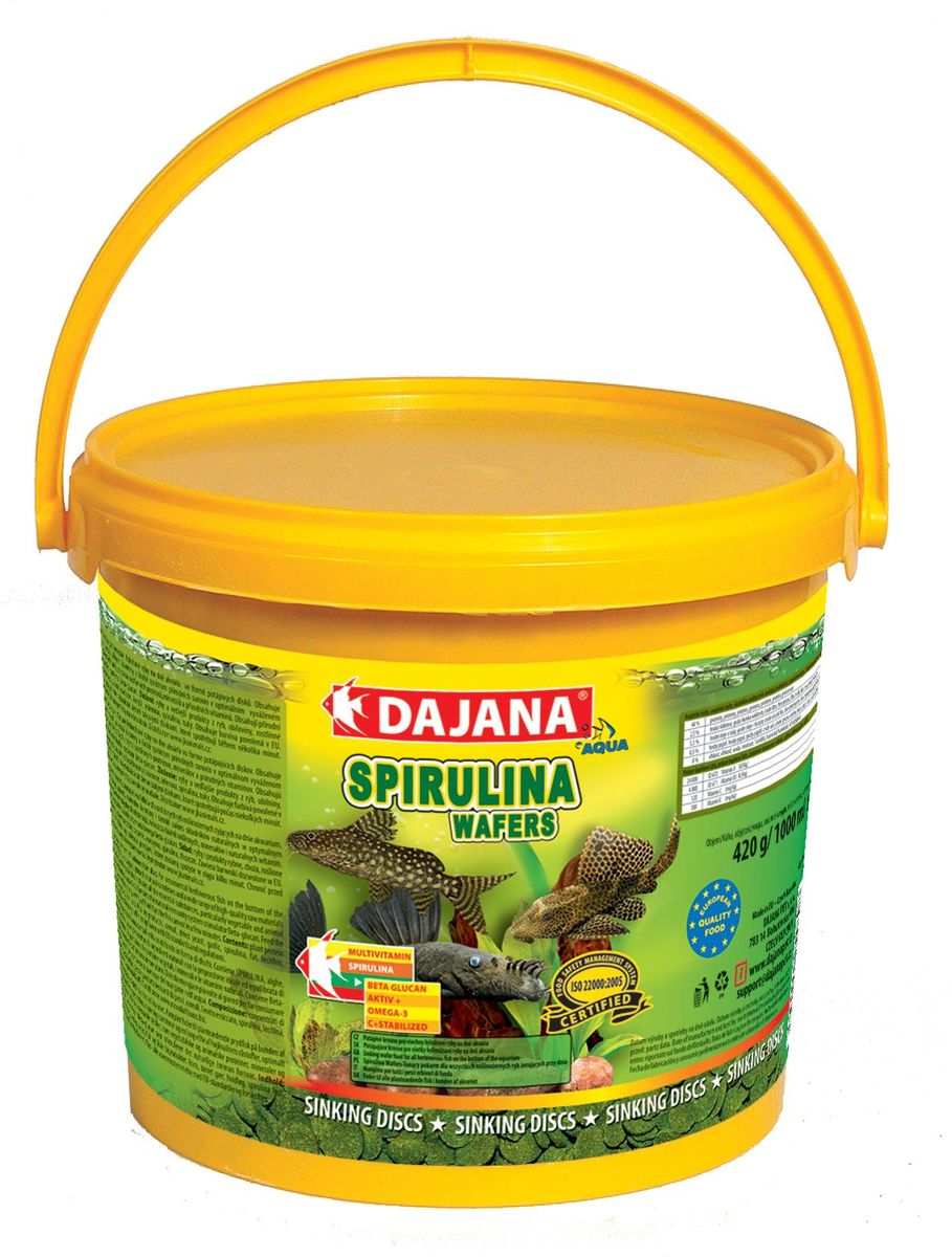 Корм для рыб Dajana Spirulina Wafers, 5 л0120710 Корм для рыб Dajana Spirulina Wafers, 5 л0120710Комплексный корм в виде тонущих пластинок для декоративных травоядных рыб, обитающих на дне аквариума. Идеален для всех видов сомиков. Содержит спирулину, шпинат, природный каротин и широкий диапазон высококачественных природных веществ в оптимальной сбалансированной формуле. Благодаря специальному рецепту приготовления, корм Dajana Spirulina Wafers не мутит воду аквариуме.