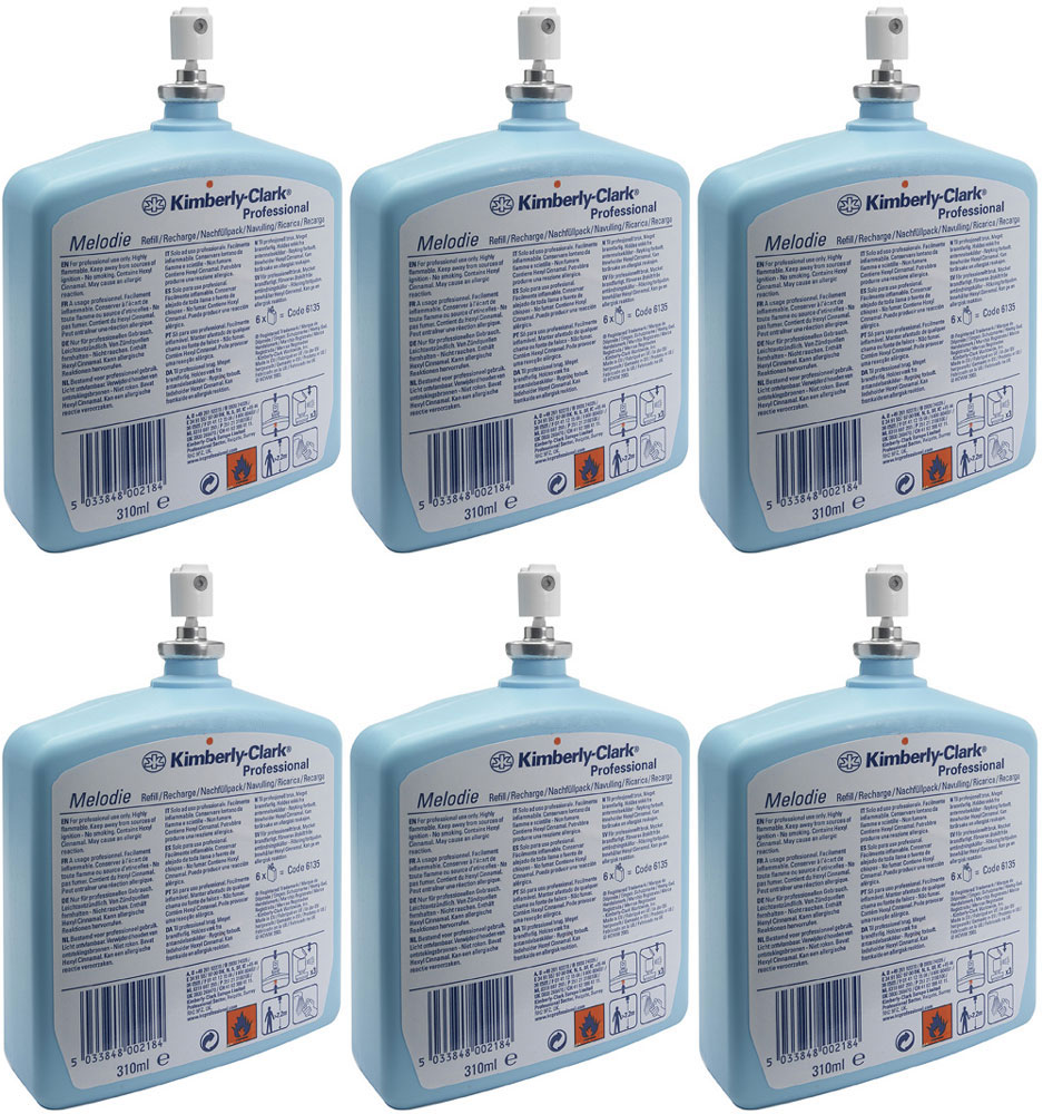 Освежитель воздуха Kimberly-Clark Professional Melodie, 6 сменных блоков по 310 мл. 6135BH-UN0502( R) Освежитель воздуха Kimberly-Clark Professional Melodie, 6 сменных блоков по 310 мл. 6135BH-UN0502( R)Системы освежителей воздуха KIMBERLY-CLARK PROFESSIONAL® с дозатором могут быть запрограммированы для создания аромата, соответствующего Вашим предпочтениям.Идеальное решение для использования с диспенсерами RIPPLE® или AQUA® для освежителей воздуха; возможность настройки для создания необходимого аромата.Формат поставки: 6 картриджей по 310 мл пластиковая емкость с дозатором; аромат MELODIE – цветочный, с пряными нотами.