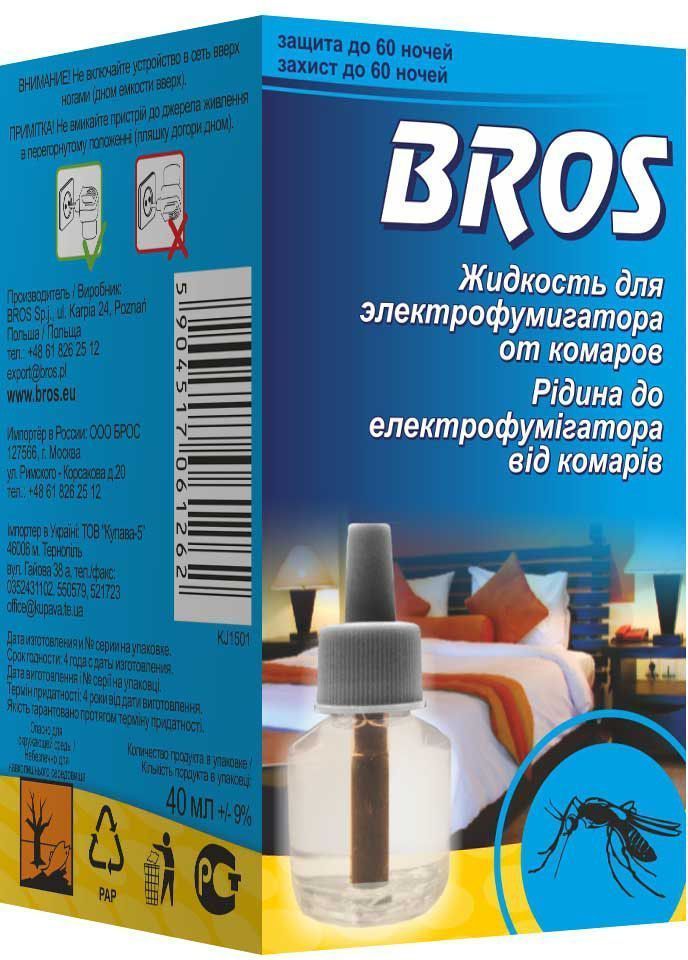 Жидкость к электрофумигатору BROS, от комаров, на 60 ночей, 1 шт.BH-SI0439-WW Жидкость к электрофумигатору BROS, от комаров, на 60 ночей, 1 шт.BH-SI0439-WWBROS Жидкость к электрофумигатору от комаров 60 ночей. Инсектицидная жидкость для пользования вместе с электрофумигатором для уничтожения комаров и для защиты помещений от летающих насекомых. Работает даже при открытых окнах. Длительный эффект препарата обеспечивает безмятежный отдых во время летних ночей. 1 штПрозрачная жидкость в полимерном флаконе. Для уничтожения комаров и других летающих насекомых (москитов, мошек) в помещениях в практике медицинской дезинсекции специалистами организаций, имеющих право заниматься дезинфекционной деятельностью, и в быту. Защищает помещение до 20 м2 (около 50 м3) в течение 60 ночей при применении 8 часов в день. Оптимальная защита начинается уже через 30 мин. после включения.Применение: Достать из упаковки флакон с жидкостью, снять защитный колпачок, ввернуть флакон в электрофумигатор до упора и включить его в электросеть (220 V) при вертикальном положении флакона. При открытых окнах или форточках электрофумигатор с жидкостью можно оставить включенным на всю ночь для уничтожения насекомых, залетающих в помещение. Электрофумигатор выключить, флакон вывинтить и закрыть защитным колпачком, сохранить в упаковке для следующего использования. Один флакон объемом 40 мл рассчитан на работу в течение примерно 480 часов.Состав: праллетрин 1% (1 г/ 100 г), функциональные и технологические компоненты.