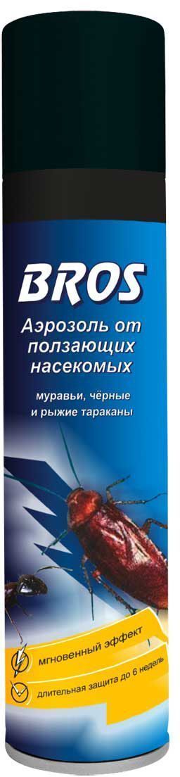 Аэрозоль BROS, для борьбы с ползающими насекомыми в помещениях, 400 млBH-SI0439-WW Аэрозоль BROS, для борьбы с ползающими насекомыми в помещениях, 400 млBH-SI0439-WWBROS Аэрозоль для борьбы с ползающими насекомыми в помещениях, например: с тараканами, пруссаками, муравьями, клопами, щетинохвостками и др. Особая формула гарантирует разностороннее действие препарата: - мгновенный эффект уничтожения насекомых (нокдаун) - длительное действие, сохраняющееся в месте применения - уничтожение взрослых насекомых и яиц.Прозрачная жидкость в аэрозольной упаковке для уничтожения в помещениях ползающих насекомых (тараканов, муравьев, блок, постельных клопов, чешуйниц и других).Применение: Закрыть окна и двери. Перед применением баллон встряхнуть. Средство применять при температуре не ниже 10oC. Обработку следует проводить, начиная с дальней части помещения, передвигаясь к выходу. С расстояния 30 см направить струю аэрозоля на поверхности - места скопления, возможного обитания или пути передвижения насекомых. (вдоль плинтусов, за плиткой, вокруг раковин). Для уничтожения клопов – обрабатывают кровати, диваны, обратную сторону ковров. Для уничтожения блох - обработать стены до высоты 1 м, а также коврики и подстилки для животных с обратной стороны (после обработки постирать). Норма расхода: 14 - 16 сек. распыления средства при обработке 1 м2. Не обрабатывать сильно загрязненные, хорошо впитывающие или пористые поверхности. Оставить помещение закрытым в течение 15 минут, затем тщательно проветрить в течение 30 минут, а потом провести влажную уборку поверхностей помещения, соприкасающихся с продуктами питания. Действие средства продолжается в течение 6 недель.Состав: дельтаметрин (0,05 %), тетраметрин (0,2%), пиперонилбутоксид (0,6%), растворитель, функционльные добавки, углеводородный пропеллент.