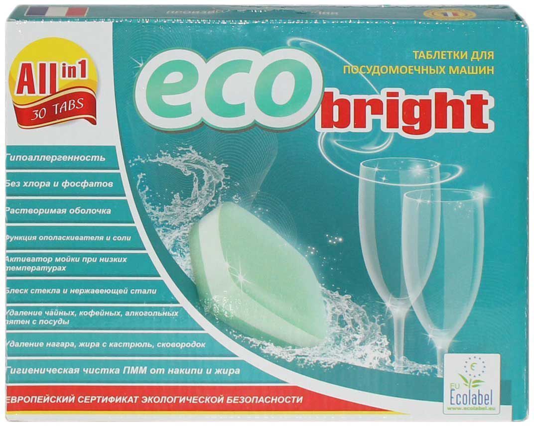 Эко-таблетки для посудомоечных машин EcoBright Все в Одном, растворимая пленка, 30 таблеток391602 Эко-таблетки для посудомоечных машин EcoBright Все в Одном, растворимая пленка, 30 таблеток391602Таблетки для ПММ (трехслойные) Все в Одном произведены французской компанией ORAPI INTERNATIONAL в соотвествии с европейскими стандартами качества и обеспечены сертификатом экологической безопасности EU ECOLABEL. Химический состав продукции сохраняет высокую эффективность даже при заниженных (менее 55°С) температурных режимах использования. Таблетки удаляют плотный жир со стекла и металла, нагар с кастрюль и сковородок; смывают кофейные, чайные, винные налеты; ополаскивают посуду до сияния и блеска; защищают от накипи нагревательные элементы машины. Таблетки выполняют функцию соли и ополаскивателя, оболочка таблетки полностью растворяется в водеЗолотая медаль международной выставки ИНТЕРБЫТХИМ-2014 в конкурсе на лучший продукт. Применение: Положить одну таблетку в отсек ПММ для моющего средства, не вскрывая оболочки.
