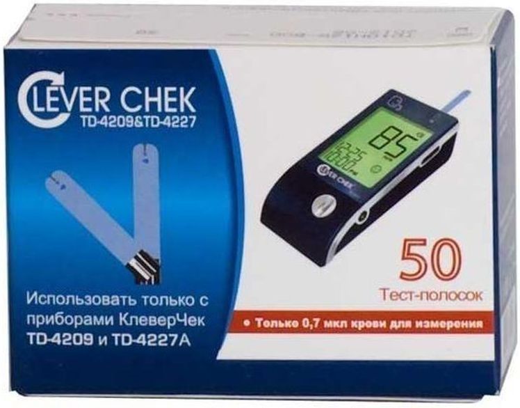 Тест-полоски универсальные CleverChek TD-4209/4227, 50 штJA05-107-02 Тест-полоски универсальные CleverChek TD-4209/4227, 50 штJA05-107-02Тест-полоски Клевер Чек (Clever Chek) универсальные, 50 штук в упаковке.Для глюкометров Клевер Чек TD-4209 и Клевер Чек TD-4227. Можно не бояться перепутать тест-полоски. Теперь они единые для всей линии приборов Клевер Чек. Удобный забор крови - впитывающая лунка расположена вверху тест-полоски.Для глюкометров Клевер Чек TD-4227A тест-полоски не изменились, использовать обычным способом (электронный кодирующий чип - НЕ использовать).Иструкция для глюкометров Клевер Чек TD-4209: Перед первым тестированием крови необходимо первым вставить в прибор кодирующий электронный чип, который находится в упаковке тест-полосок. Каждый раз при проведении тестирования следует проверять, соответствует ли код, который показывает прибор, тому коду, который указан на флаконе с тест-полосками. Введите тест-полоску в тестовое гнездо тем концом, на котором находятся контактные полосы, лицевой стороной вверх. Полоска должна быть введена в прибор на всю длину контактных полос, в противном случае результат анализа может быть неверным. Прибор включится автоматически. На дисплее появятся надпись CHK и изображение полоски. Затем высветится температура окружающей среды и последуют изображение капельки крови и код тест-полоски. Поднесите каплю крови к впитывающей лунке тест-полоски. Результат анализа уровня глюкозы в крови появится после того, как прибор произведет отчет времени в обратном порядке.