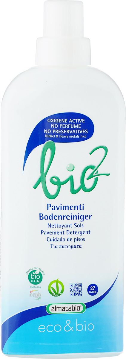 Средство для мытья пола Almacabio Bio 2 Pavements Oxygen Active, 1 л10438 Средство для мытья пола Almacabio Bio 2 Pavements Oxygen Active, 1 л10438Суперконцентрированная жидкость Almacabio Bio 2 Pavements Oxygen Active для чистки полов всех типов. Формула с активным кислородом, идеально подходит для всех типов полов: мрамора, клинкера, керамики, гранита, терракота, природного камня, кварца, линолеума. Формула с активным кислородом: частицы кислорода обезжиривают, оказывают гигиеническое воздействие. Не содержит консервантов, аллергенов, духи, ферменты. Содержит специальную антибактериальную растительную систему Igienizzante. Оставляет приятное ощущение свежести и чистоты. Не оставляет следов или разводов. Не содержит фосфор, фосфаты и ингредиенты животного происхождения.Товар сертифицирован.