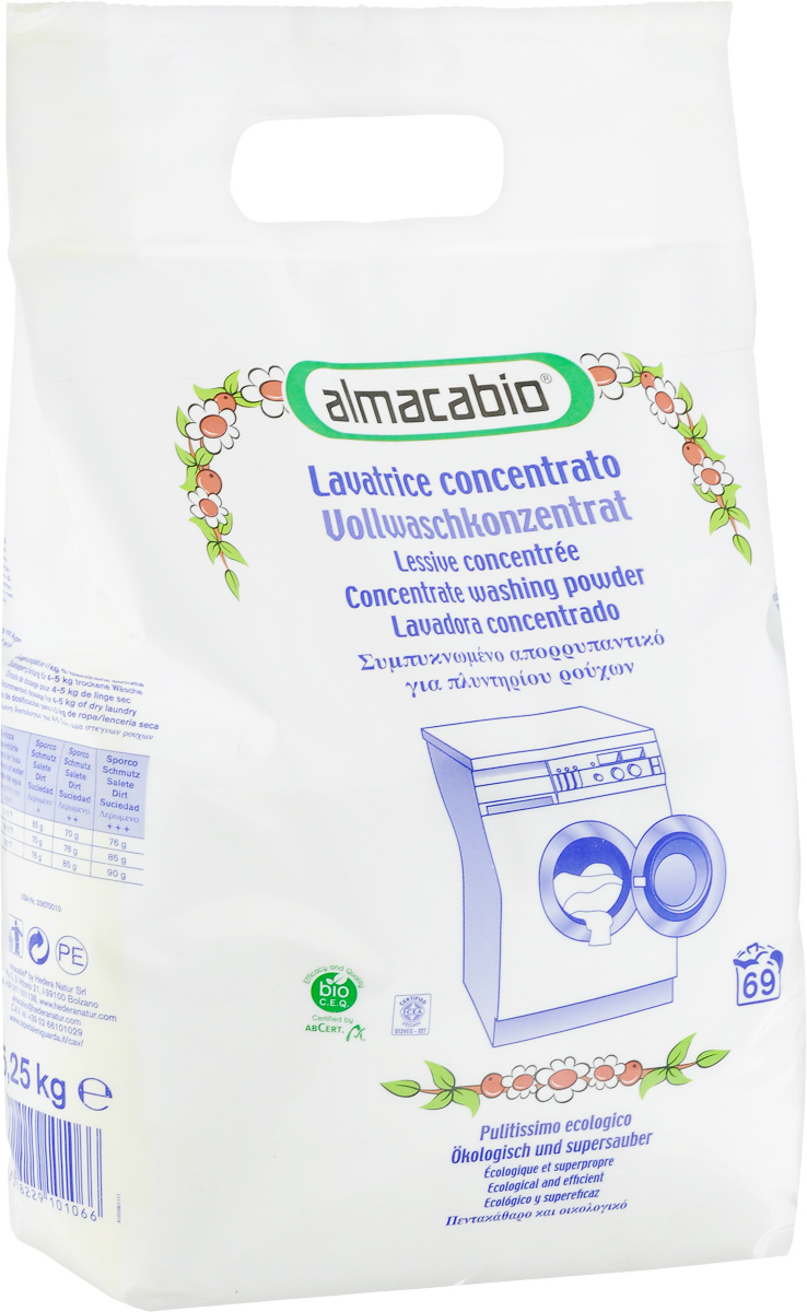 Порошок стиральный Almacabio Washing Powder Pack, 5,25 кг528066 Порошок стиральный Almacabio Washing Powder Pack, 5,25 кг528066Стиральный порошок Almacabio Washing Powder Pack идеально подходит для стирки постельного белья и одежды. Отлично удаляет загрязнения, смешанные пятна, пятна от жира, органических отходов. Устраняет неприятные запахи и оставляет приятный аромат. Придает одежде мягкость, смягчает волокна тканей. Не содержит загустителей, нейтрализует остатки щелочных веществ после стирки. Не требуется дополнительной специальной защиты стиральной машины от известковых отложений. Помогает предотвратить образование накипи и отложений. Подходит для машинной стирки. Не содержит фосфор, фосфаты, ферменты и ингредиенты природного происхождения.Товар сертифицирован.