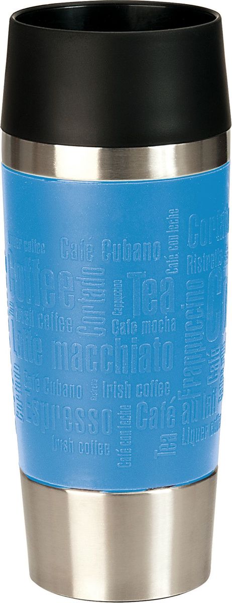 Термокружка Emsa Travel Mug, цвет: голубой, черный, 360 млVT-1520(SR) Термокружка Emsa Travel Mug, цвет: голубой, черный, 360 млVT-1520(SR)Термокружка Emsa Travel Mug - это идеальный попутчик в дороге - не важно, по пути ли на работу, в школу или во время похода по магазинам. Вакуумная кружка на 100% герметична. Кружка имеет вакуумную колбу из нержавеющей стали с двойными стенками, благодаря чему температура жидкости сохраняется долгое время. Кружку удобно держать благодаря силиконовому покрытию Soft Touch с оригинальным рельефом в виде надписей. Изделие открывается нажатием кнопки. Пробка разбирается и превосходно моется. Дно кружки выполнено из противоскользящего материала. Можно мыть в посудомоечной машине. Диаметр кружки по верхнему краю: 8 см.Диаметр дна кружки: 6,5 см.Высота кружки: 20 см.Сохранение холодной температуры: 8 ч.Сохранение горячей температуры: 4 ч.