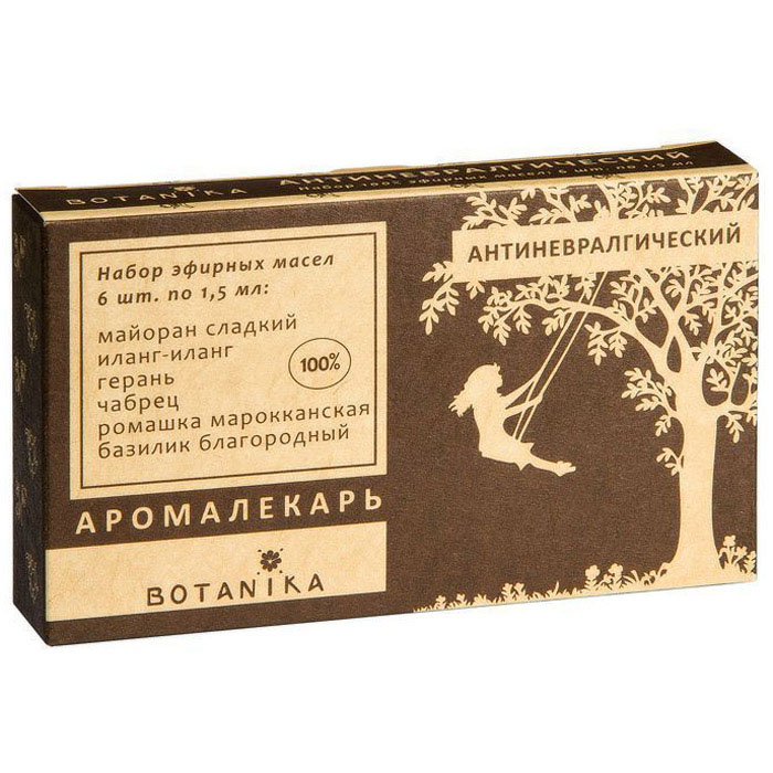 Botanika набор эфирных масел Антиневралгический набор, 6x1,5 млБ40FOK Botanika набор эфирных масел Антиневралгический набор, 6x1,5 млБ40FOKБазилик благородный. Восстанавливает силы после нервного переутомления, улучшает мозговую деятельность, борется с головной болью и мигренями.Герань. Устраняет депрессию и апатию, быстро борется с невралгическими болями. Повышает физическую и умственную активность.Иланг-иланг. Успокаивает и нейтрализует проявления спазматической головной боли.Майоран. Используется как болеутоляющее и спазмолитическое средство, купирует приступы страха и избавляет от тревоги.Ромашка. Устраняет проявления стрессов, раздражительности, беспокойства. Позволяет быстро справиться с бессонницей и расслабиться. Используется в качестве вспомогательного средства при головной боли и мигренях.Чабрец. Масло с приятным ароматом нейтрализует сильные боли. Избавляет от отеков при невралгии.