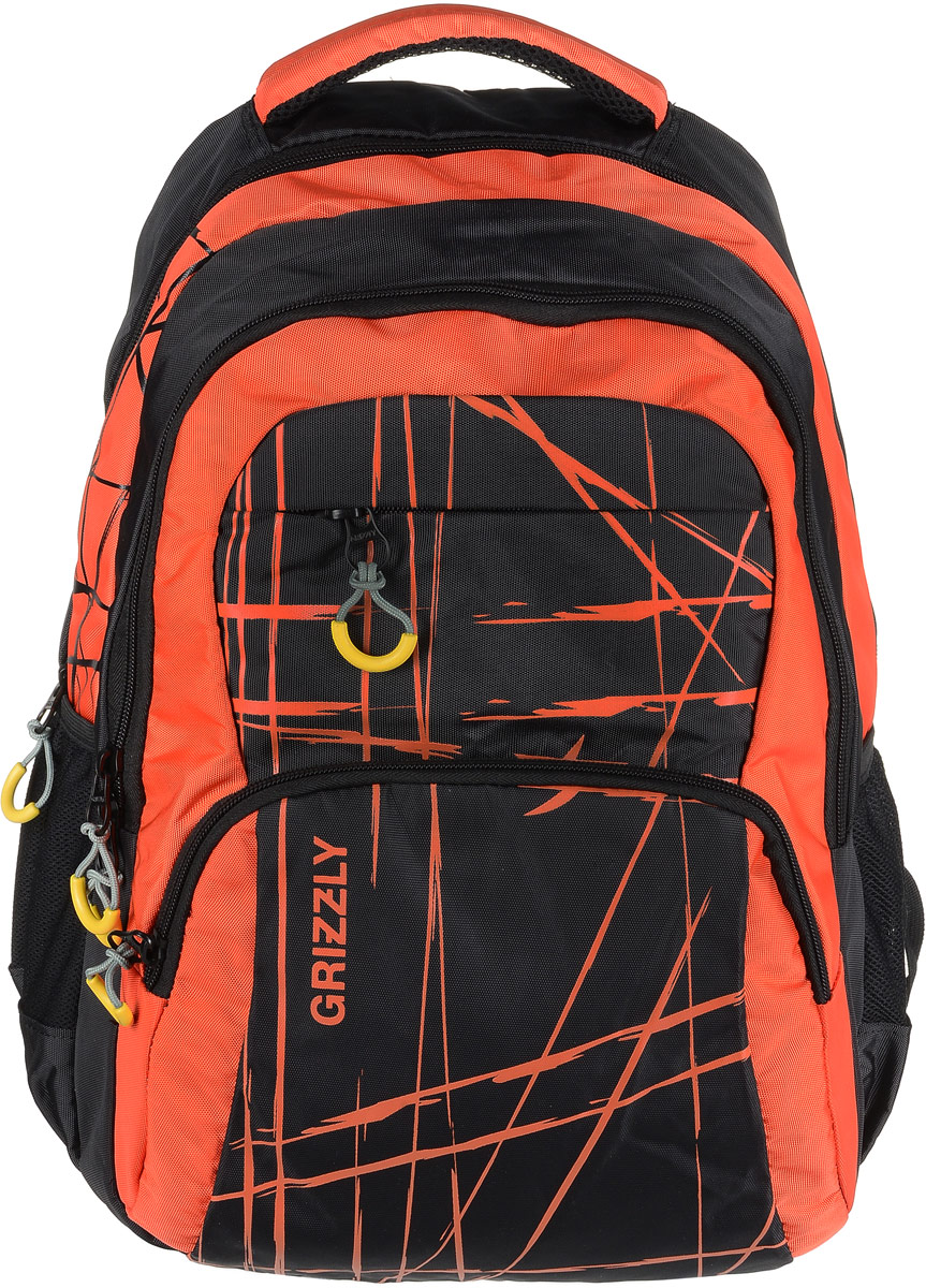 Рюкзак мужской Grizzly, цвет: черный, оранжевый. RU-715-3/3Гризли Рюкзак мужской Grizzly, цвет: черный, оранжевый. RU-715-3/3ГризлиРюкзак Grizzly - это красивый и удобный рюкзак, который подойдет всем, кто хочет разнообразить свои будни. Рюкзак выполнен из плотного материала с оригинальным принтом. Рюкзак содержит два вместительных отделения, каждое из которых закрывается на молнию. Внутри первого отделения имеется открытый накладной карман, на стенке которого расположился врезной карман на молнии. Внутри второго отделения расположены три открытых накладных кармана и карман-сетка на молнии. Снаружи, по бокам изделия, расположены два открытых кармана. Лицевая сторона дополнена двумя вместительными карманами на молниях. Рюкзак оснащен мягкой укрепленной ручкой для переноски, петлей для подвешивания и двумя практичными лямками регулируемой длины. У лямок имеется нагрудная стяжка-фиксатор. Практичный рюкзак станет незаменимым аксессуаром и вместит в себя все необходимое.