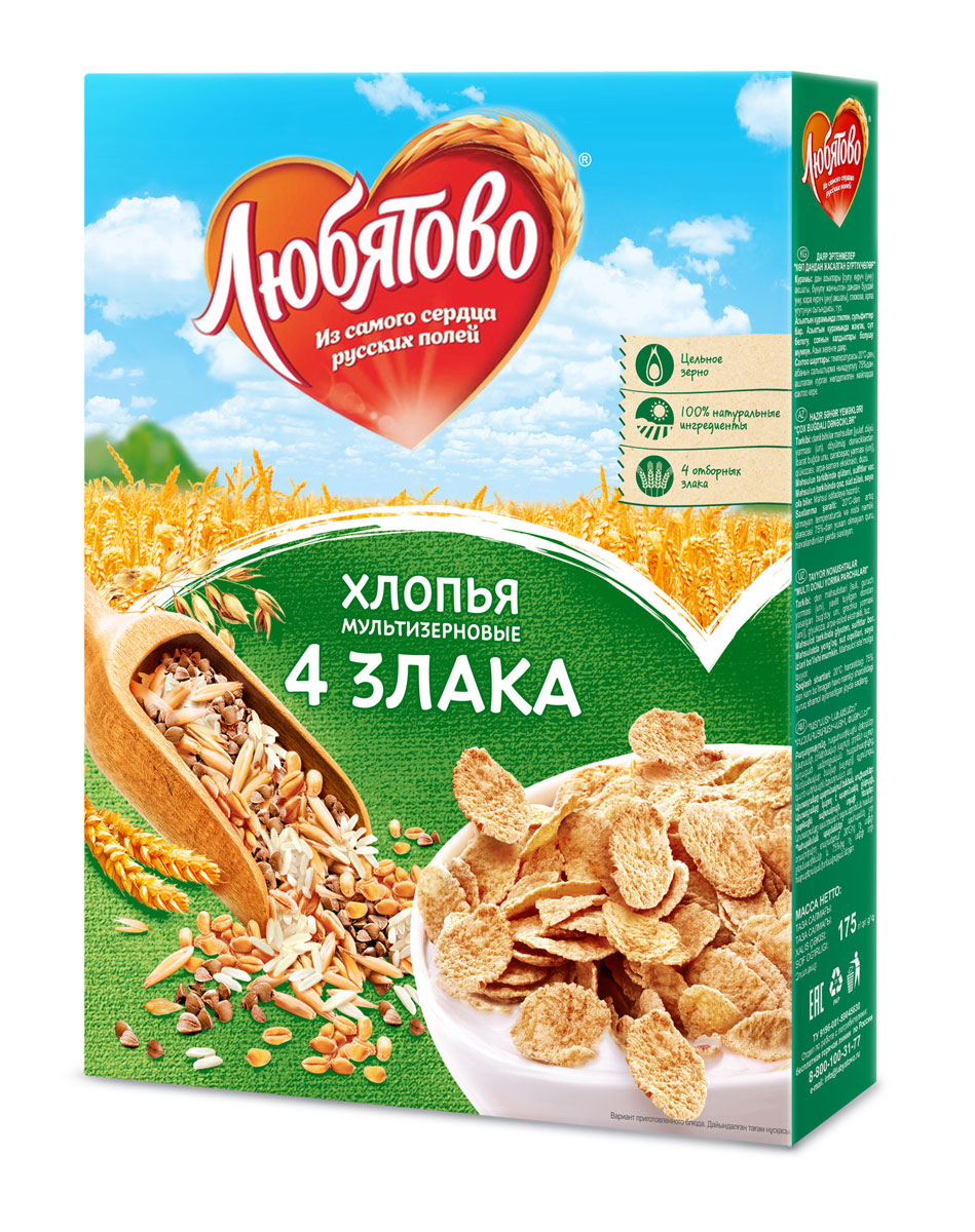 Любятово Готовый завтрак Хлопья мультизерновые, 175 г0120710 Любятово Готовый завтрак Хлопья мультизерновые, 175 г0120710Полезный завтрак для здорового питания из цельных злаков, обогащенный минералами и ягодами.