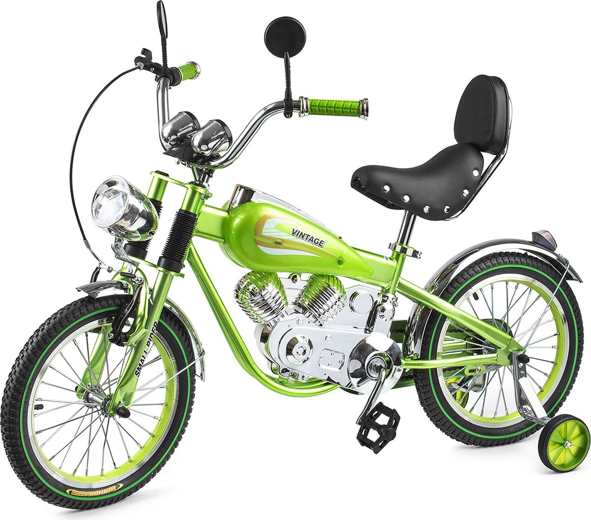 Small Rider Велосипед-мотоцикл детский Motobike Vintage цвет зеленый7292 Small Rider Велосипед-мотоцикл детский Motobike Vintage цвет зеленый7292Шикарный и привлекающий взгляды. При первом взгляде на Small Rider Motobike Vintage даже не верится, что это детский велосипед. Он выглядит завораживающе и шикарно. Это,скорее, коллекционный мотоцикл в уменьшенном размере. Все в нем сверкает, блестит и переливается, подчеркивая дороговизну каждого элемента. Стилизация поражает правдоподобностью - мотор, бензобак, спидометр, амортизаторы, сиденье с клепками, фонарь, зеркальца - все как у настоящего мотоцикла! Обучающий детский велосипед. Несмотря на свое великолепие, Мотобайк Винтаж имеет традиционный функционал детского велосипеда и легко приводится в движение с помощью педалей. Очень важно - в комплекте идут поддерживающие колесики, которые помогут ребенку привыкнут к велосипеду и научиться одновременно рулить и крутить педали. Он подойдет детям уже с 4-х лет. Так что, Small Rider Motobike Vintage - отличный вариант, чтобы научиться кататься на велосипеде, причем сделать это с шиком, вызвав удивление и белую зависть в парке или на детской площадке! Безопасность и удобство. За безопасность, опять-таки, отвечают дополнительные съемные боковые колесики, а также два тормоза: ручной и ножной. Повышенный комфорт. Помимо эстетического удовольствия от взгляда на велосипед и обладания им, Мотобайк Винтаж еще и комфортно водить. Надувные резиновые колеса 16-радиуса на спицах бесшумно и плавно катятся, комфортное большое мягкое сиденье имеет еще и спинку! Высота сиденья может регулироваться под рост Вашего ребенка. Катание в удовольствие. В отличие от традиционных (скучных) двухколесных велосипедов катание на Small Rider Motobike Vintage добавит новую искорку, превратит езду в игру в байкеров или путешествие по хайвэю.