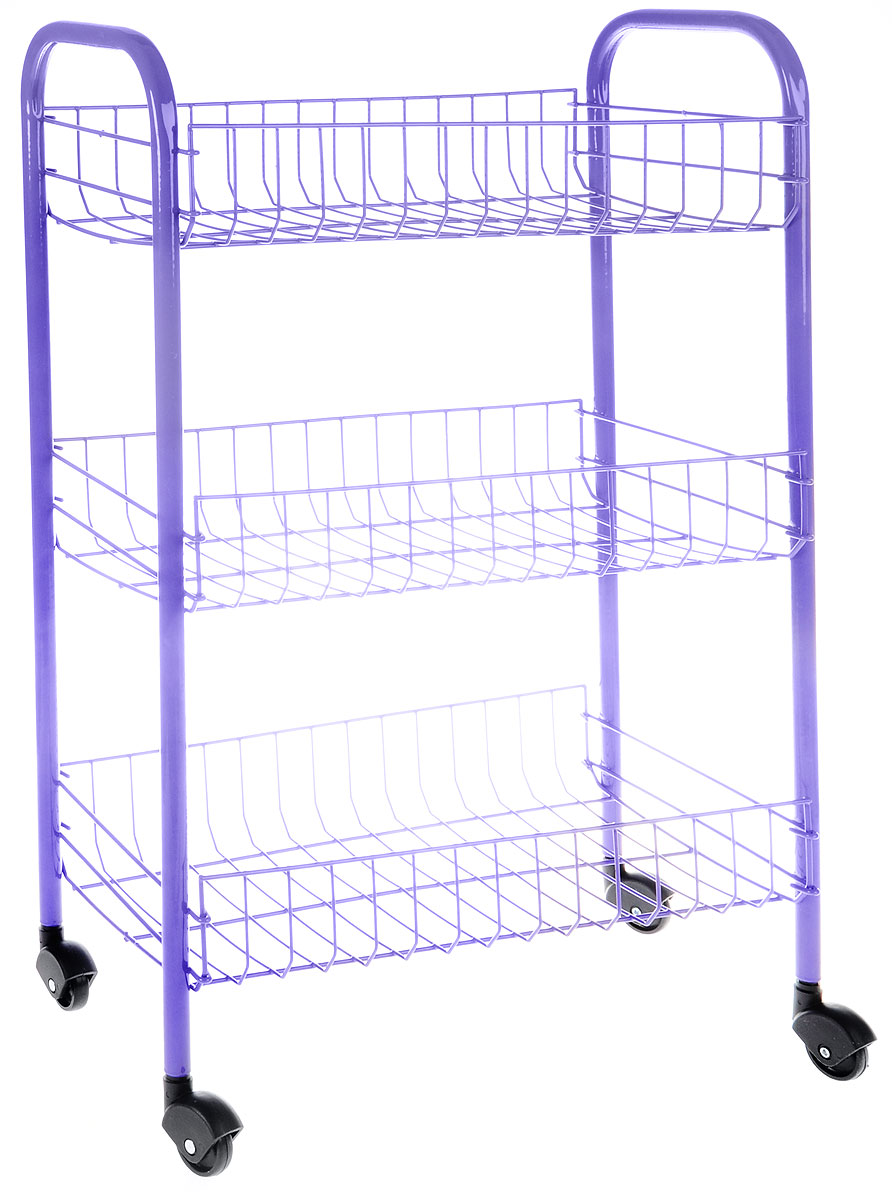 Этажерка Metaltex Siena Color, 3-уровневая, цвет: фиолетовый, 41 x 23 x 63 см1004900000360 Этажерка Metaltex Siena Color, 3-уровневая, цвет: фиолетовый, 41 x 23 x 63 см1004900000360Этажерка Metaltex Siena Color с тремя полками выполнена из высококачественной стали, окрашенной краской, содержащей эпоксидный порошок. Очень удобная и компактная, но в то же время вместительная, она прекрасно впишется в пространство любого помещения. Ее можно установить в ванной комнате, и ваши шампуни, гели для душа и различные крема всегда будут под рукой; на кухне этажерку можно использовать для хранения посуды и продуктов. Благодаря пластиковым колесикам этажерку можно перемещать в любую сторону без особых усилий.Размер этажерки (в собранном виде): 41 х 23 х 63 см.