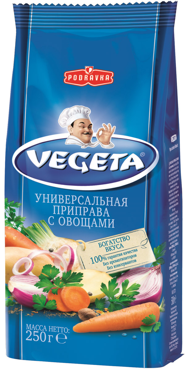 Vegeta универсальная приправа с овощами, 250 г0120710 Vegeta универсальная приправа с овощами, 250 г0120710Vegeta - надежный спутник ваших кулинарных приключений уже более 50 лет. Приправа Vegeta продолжает оставаться одним из самых известных хорватских продуктов, без которого практически невозможно представить себе приготовление пищи.Область применения этой комбинации сушеных овощей и специй не ограничена: это и овощи, и мясо, и гарниры, и все, что угодно на гриле, и минималистские блюда, и блюда из сложных деликатесов - одной чайной ложки приправы Vegeta всегда достаточно, чтобы почувствовать тонкую разницу. Поэтому, готовя еду, дайте свободу своей фантазии и наслаждайтесь - еще много новых комбинаций приправы Vegeta ждет встречи с вами!Уважаемые клиенты! Обращаем ваше внимание, что полный перечень состава продукта представлен на дополнительном изображении.