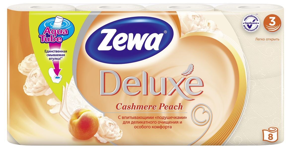 Туалетная бумага Zewa Deluxe Персик, 3 слоя, 8 рулонов68/5/3 Туалетная бумага Zewa Deluxe Персик, 3 слоя, 8 рулонов68/5/3Подарите себе удовольствие от ежедневного ухода за собой. Zewa Deluxe сновыми впитывающими подушечками деликатно очищает и нежно заботится о вашей коже.Мягкость, Забота, Комфорт – вашей коже это понравится!Сенсация! Со смываемой втулкой Aqua Tube!Персиковая 3-х слойная туалетная бумага с ароматом персика8 рулонов в упаковкеСостав: целлюлозаПроизводство: Россия