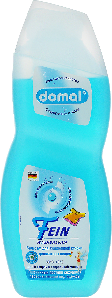 Бальзам Domal Fein, для стирки деликатных вещей, 750 мл106-026 Бальзам Domal Fein, для стирки деликатных вещей, 750 мл106-026Бальзам Domal Fein предназначен для бережной ежедневной стирки деликатных вещей и тонкого белья. Бальзам эффективно и бережно очищает даже при низкой температуре, сохраняя при этом структуру, цвет и форму деликатных вещей. Придает изделиям сияющую белизну, мягкость и свежесть, предотвращает появление серого, желтого и других оттенков. Бальзам прочно удерживается на ткани, что приводит к более интенсивному очищению при стирке. Средство содержит пшеничный протеин, который сохраняет первоначальный вид одежды, регенерирует ткань и уменьшает повреждение волокон. Средство предназначено для ручной и машинной стирки шелка, хлопка, шерсти, синтетики, пуха, пера, тканей с пропиткой и покрытием, мембранных тканей при температуре от 30 до 40°С. Не содержит осветлителей, отбеливателей и энзимов. Дерматологически протестировано, безопасно для кожи. Экономичность: 1 литра средства достаточно для стирки 33 кг сухого белья. Регулярное использование бальзама помогает надолго сохранить первоначальный вид одежды. Товар сертифицирован.
