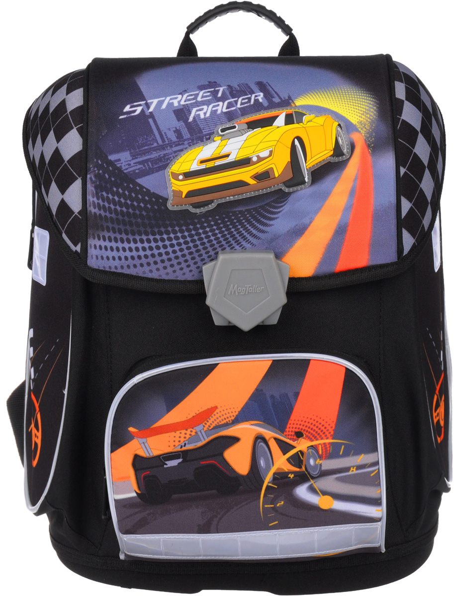MagTaller Ранец школьный Ezzy II Racer72523WD MagTaller Ранец школьный Ezzy II Racer72523WDШкольный ранец MagTaller Ezzy II Racer имеет жесткий корпус и дно из прочного пластика, которое надежно защищает содержимое ранца от воды и грязи.Эргономичная спинка обеспечивает равномерное распределение нагрузки на позвоночник ребенка. Уплотненные лямки регулируемой длины помогают правильно расположить изделие на спине. Грудное крепление обеспечивает дополнительную фиксацию лямок ранца. Ранец имеет эргономичную ручку для переноски в руке.Светоотражающие элементы уменьшают риск ДТП в темное время суток.Ранец содержит одно вместительное отделение. Внутри отделения находятся два мягких разделителя для учебников и тетрадей, пришивной органайзер для канцелярских принадлежностей с карманом-сеткой и карманом на липучке под мобильный телефон. Отделение закрывается клапаном на замок-защелку. Клапан полностью откидывается, что существенно облегчает пользование ранцем. На внутренней части клапана находится прозрачный пластиковый кармашек, в который можно поместить расписание занятий и сведения о владельце ранца.На лицевой стороне расположен накладной карман на застежке-молнии. Также ранец имеет два боковых кармана на застежках-молниях.Ранец оформлен принтом с изображением спортивных автомобилей.