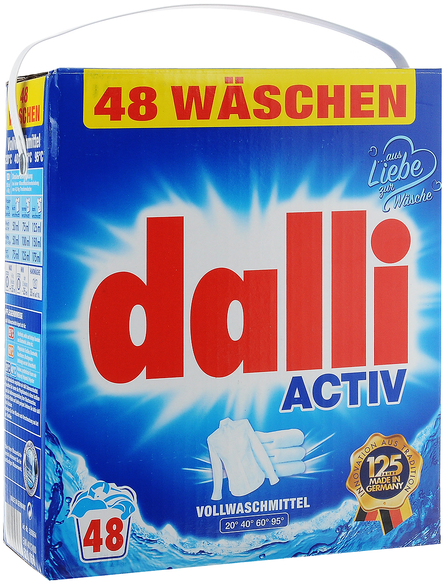 Стиральный порошок Dalli Activ, универсальный, 3,12 кгS03301004 Стиральный порошок Dalli Activ, универсальный, 3,12 кгS03301004Универсальный стиральный порошок Dalli Activ с новой формулой и ОХI эффектом для глубокой очистки волокон превосходно удаляет даже трудновыводимые и застарелые загрязнения уже при температуре 20°С. Белье и одежда снова становятся чистыми и ухоженными. Порошок подходит для ручной и машинной стирки белого белья из хлопка, льна, искусственных волокон, смесовых тканей. Оригинальная рецептура, оптимально подобранные компоненты и входящий в состав активный кислород обеспечивают наивысший отстирывающий показатель в диапазоне температур от 20 до 95°С. Порошок не повреждает волокна тканей и сохраняет яркость и насыщенность красок цветного белья. Не рекомендуется для шерсти и шелка. Одна упаковка рассчитана на 48 стирок. Товар сертифицирован.