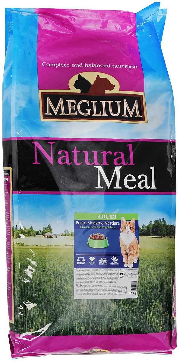 Корм сухой Meglium для кошек, с говядиной и курицей, 15 кг101246 Корм сухой Meglium для кошек, с говядиной и курицей, 15 кг101246Полноценный, сбалансированный и очень вкусный корм Meglium предназначен для взрослых кошек. Куриное мясо - это первый источник высокоусвояемых белков со сбалансированным набором аминокислот, рыба является источником полноценных белков и содержит большое количество Омега-3 жирных кислот - все это дополняет сбалансированная доза минералов, витаминов и таурина, благодаря чему корм удовлетворяет все пищевые потребности вашей кошки.Товар сертифицирован.