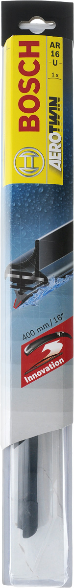 Щетка стеклоочистителя Bosch AR16U, бескаркасная, со спойлером, длина 40 смS03301004 Щетка стеклоочистителя Bosch AR16U, бескаркасная, со спойлером, длина 40 смS03301004Бескаркасная универсальная щетка Bosch AR16U, выполненная по современной технологии из высококачественных материалов, предназначена для установки на стекло автомобиля. Отличается высоким качеством исполнения и оптимально подходит для замены оригинальных щеток, установленных на конвейере. Обеспечивает качественную очистку стекла в любую погоду. Изделие оснащено многофункциональным адаптером Multi-Clip, который превосходно подходит для наиболее распространенных типов креплений. Простой и быстрый монтаж. AEROTWIN - серия бескаркасных щеток компании Bosch. Щетки имеют встроенный аэродинамический спойлер, что делает их эффективными на высоких скоростях, и изготавливаются из многокомпонентной резины с применением натурального каучука.Тип крепления: 1.